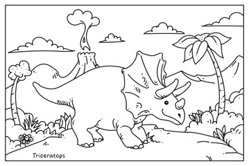 Black and white outline dinosaur vector illustration, Triceratops.