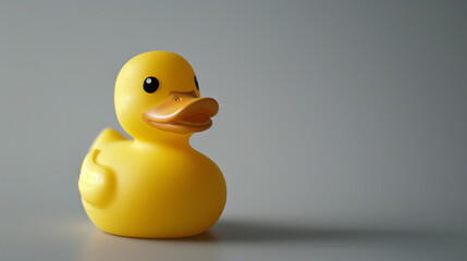 Yellow rubber duck toy stands on gray background, copy space.
