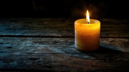 Single lit candle on rustic wooden surface at night