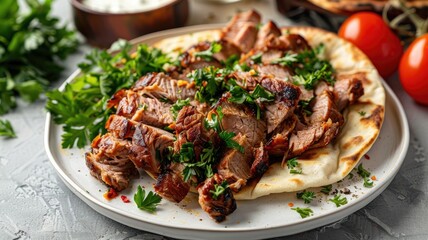 Grilled meat on pita bread, garnished with fresh parsley and tomatoes