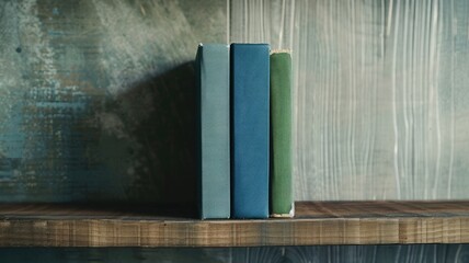 Three books with blue and green covers on wooden shelf