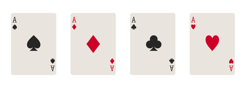 Set of all four suits of aces playing cards including hearts, diamonds, clubs and spades in vector