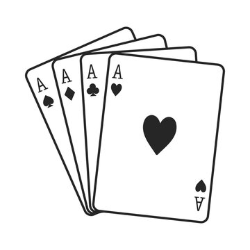All four suits of aces playing cards including hearts, diamonds, clubs and spades fanned out in vector outline