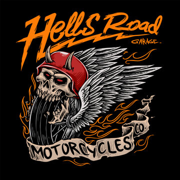 vector of skull helmet with flying wheel for custom motorcycle garage logo