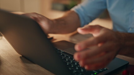 Copywriter hands closing laptop finish job at evening home close up. Smiling man