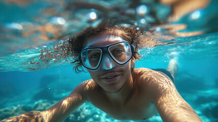 Naklejka premium A young Hispanic man swimming underwater with snorkeling gear in clear turquoise water, smiling at the camera, with coral reefs visible in the background.