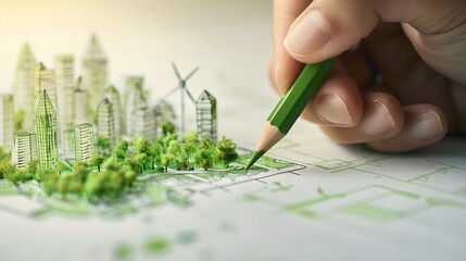 Businessman planning on environmental protection initiative for clean and sustainable future ecology, ESG environmental social governance display on paper chart on eco-friendly company
