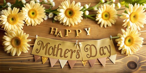 A cheerful Mother's Day banner with blooming flowers and heartfelt messages in the background