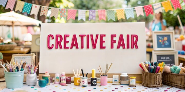 A creative craft fair banner with handmade items and art supplies in the background