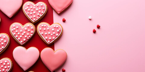 Obraz premium heart-shaped Cookies on Pink and Red Background