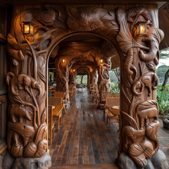 Fototapeta premium Safari Lodge Access Via Hand-Carved Mahogany Doorway: A Grand Entrance