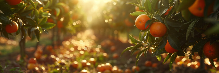 Obraz premium banner. Tangerines growing on a plantation, mild sunlight
