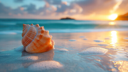 Close-up of a seashell on the beach with foamy waves and a vibrant sunset in the background.

