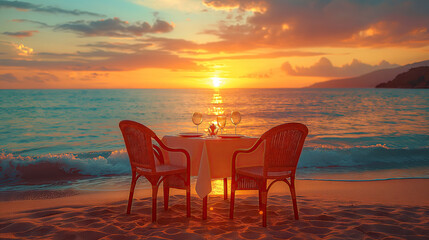 Romantic beach dinner setup with two chairs and a table, set against a stunning sunset over the ocean.

