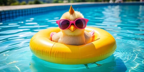 A cute chicken wearing sunglasses, sitting on a colorful float in a pool