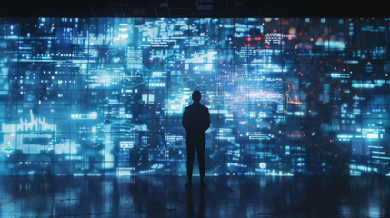 Silhouette of a Person in Front of a Giant Digital Screen Displaying Cyber Threats and Vulnerabilities