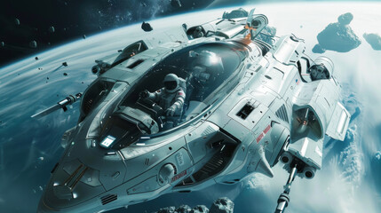 Futuristic Spacecraft in Deep Space: Astronauts Using Advanced Technology for Exploration and Research