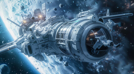 Futuristic Spacecraft Navigating Through Space: Astronauts Using High-Tech Equipment for Exploration and Research