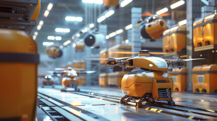Modern Logistics Center: Automated Robots and Drones Efficiently Handling and Transporting Goods