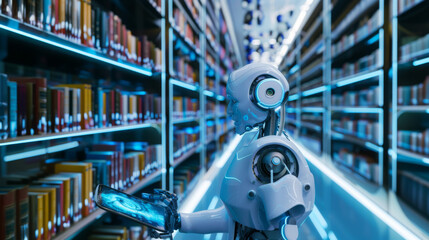 Futuristic Smart Library: Robots Organizing Books and Readers Using AR Devices to Browse Digital Content