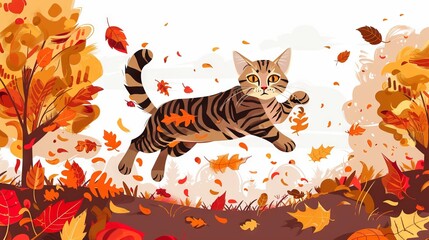 Fototapeta premium Playful Tabby Cat Leaping Among Autumn Leaves in a Whimsical Cartoon Style Illustration. Concept of cheerful feline, seasonal fall scenery, fun in nature, animated pet character