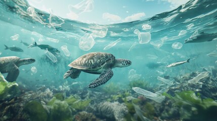Sea turtle swims in a plastic-polluted ocean water. AI generated