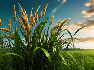 a bunch of tall grass sitting on top of a lush green field