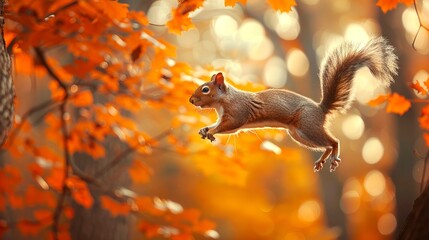 Digital scene of a squirrel jumping from one tree to another with vibrant autumn foliage in the background. Concept of wildlife, nature, woodland animal, fall season