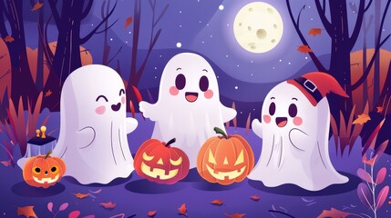 Obraz premium Cute ghosts trick-or-treating. Halloween background