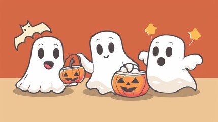 Fototapeta premium Cute ghosts trick-or-treating. Halloween background