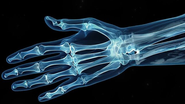 Video of human hand's blue x-ray, hand bones. 4k HD video footage for learning science, biology, human's anatomy.