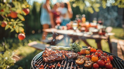 BBQ Grill with Savory Meat and Vegetables, Outdoor Picnic Setting with Friends in Background. Concept of Barbecue, Outdoor Cooking, Social Gathering, Summer Party
