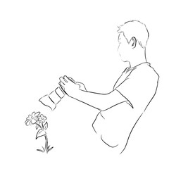 sketch of a man photographing a butterfly perched on a flower