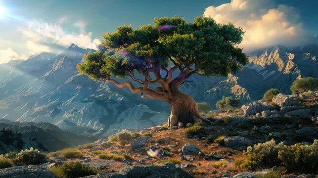 a combination of cool nature in the mountains with very beautiful colorful butterflies. seamless looping time-lapse virtual 4k video Animation Background.