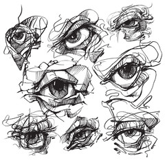 Eyes. Human eye. Sketch of part of the face. Hand drawing