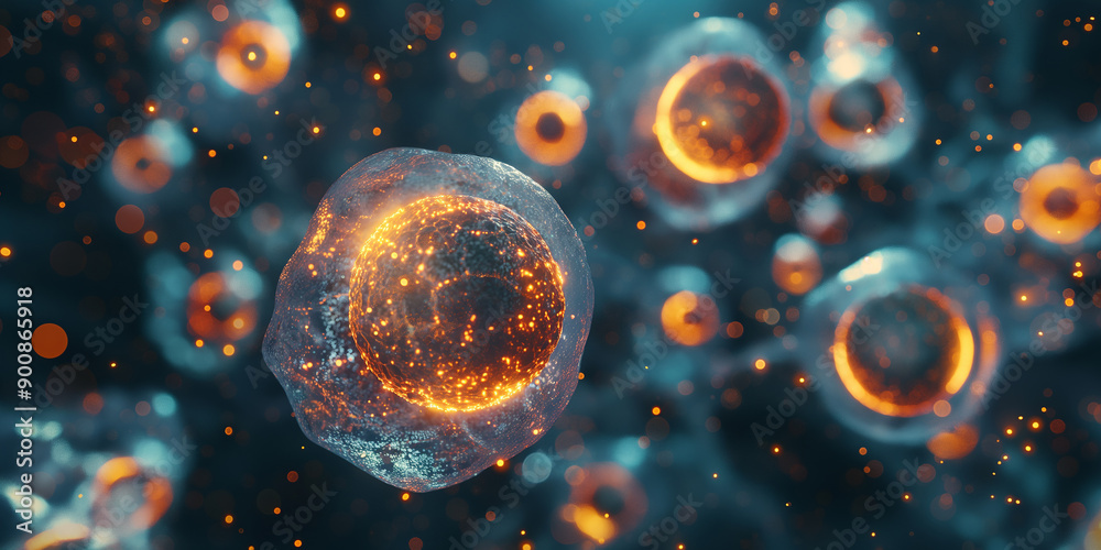 Poster living cells dividing and multiplying under microscope