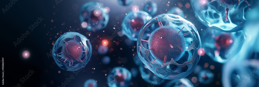 Aufkleber Microscopic view of coronavirus cells floating and multiplying