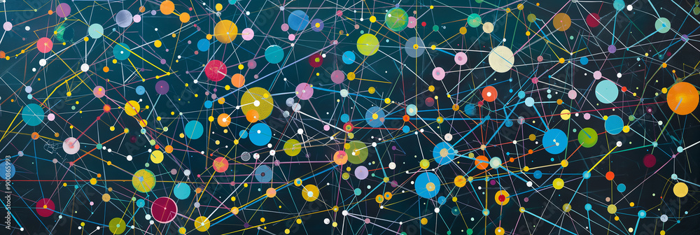 Poster Complex network of connections is linking colorful dots with lines