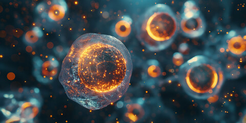 Living cells dividing and multiplying under microscope
