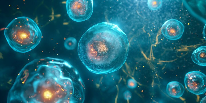 Microscopic view of cells dividing and multiplying in blue science background