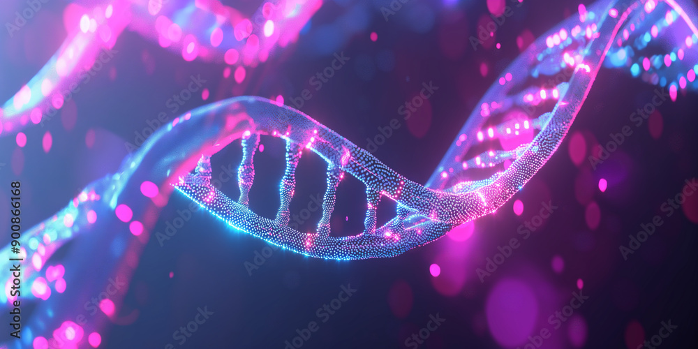 Poster dna double helix rotating with bokeh effect and copy space