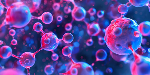 Microscopic view of molecules joining and breaking apart in colorful chemical reaction