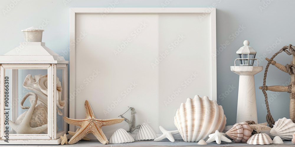 Poster White empty frame mockup standing on shelf with nautical decoration