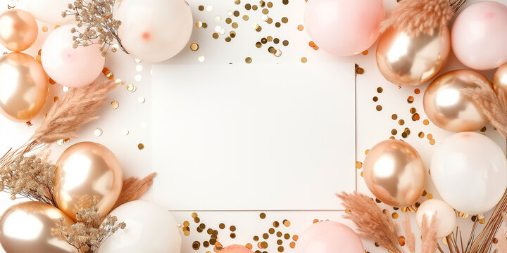 White card surrounded by golden and pink balloons with pampas grass for party or birthday