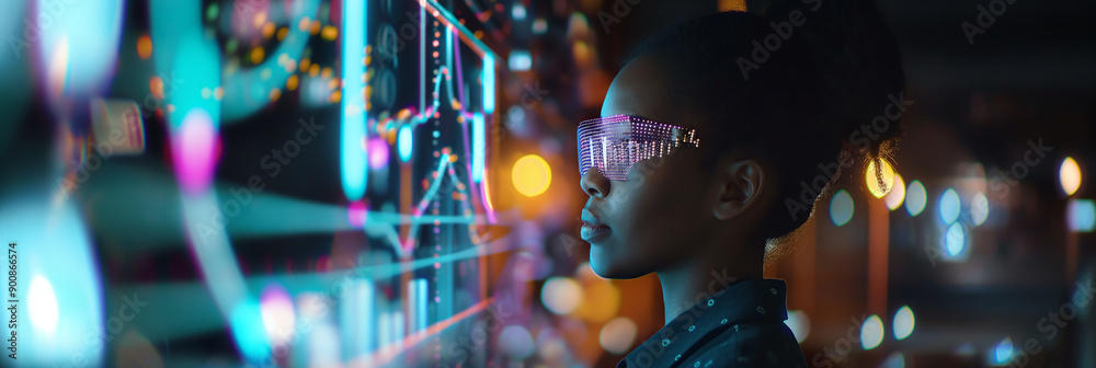 Aufkleber young woman data analyst wearing neon glasses working with digital interface with big data visualiza