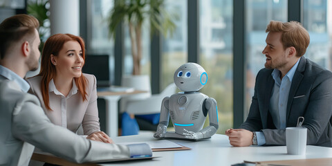 Business people having meeting with ai robot taking place at table in modern office