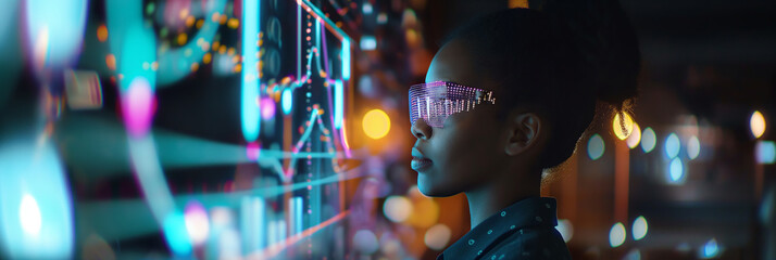 Young woman data analyst wearing neon glasses working with digital interface with big data visualizations