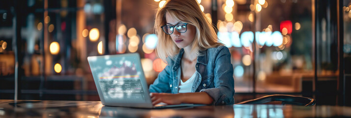 Young woman working on laptop in a cafe analyzing financial data