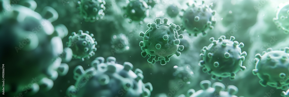 Poster microscopic view of coronavirus cells floating in a body