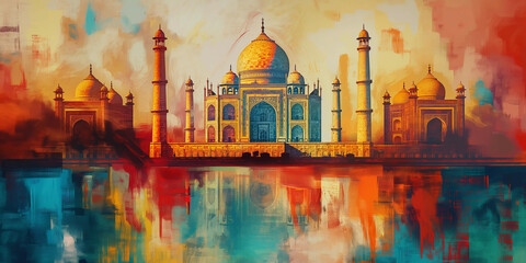 Fototapeta premium Colorful abstract painting of the taj mahal reflecting on water
